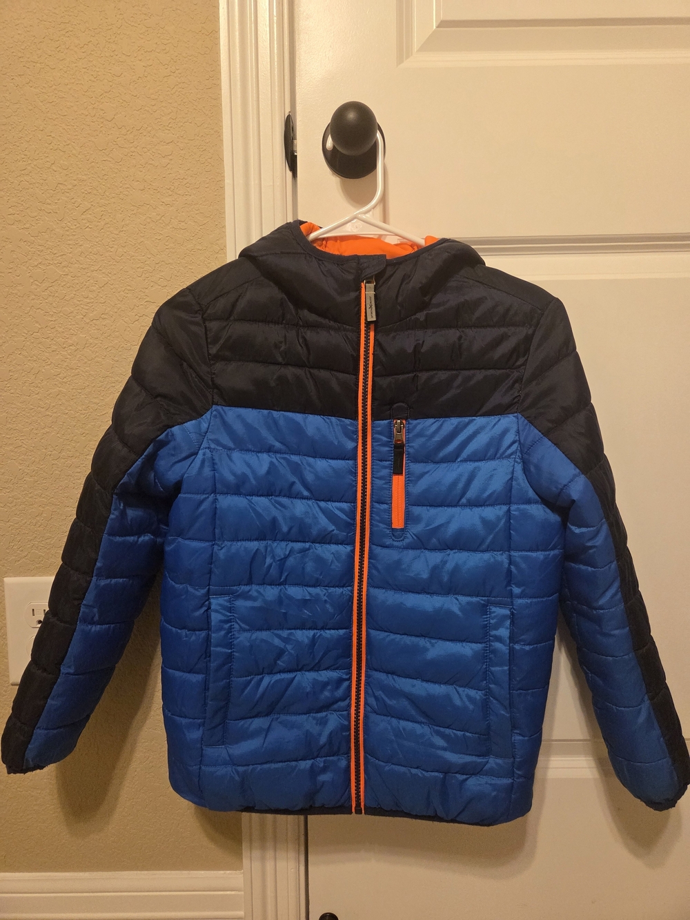 ZeroXposur Blue and Black Kids Puffer Jacket with Orange Accents